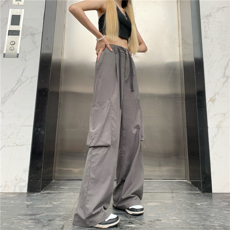 American retro straight big pocket overalls for women summer new drawstring sports style casual pants for women