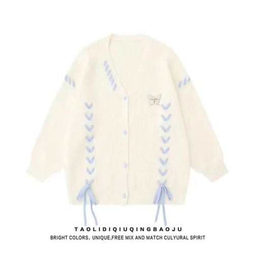 South Korea's Dongdaemun autumn and winter lazy style niche versatile design butterfly strap love button women's cardigan sweater