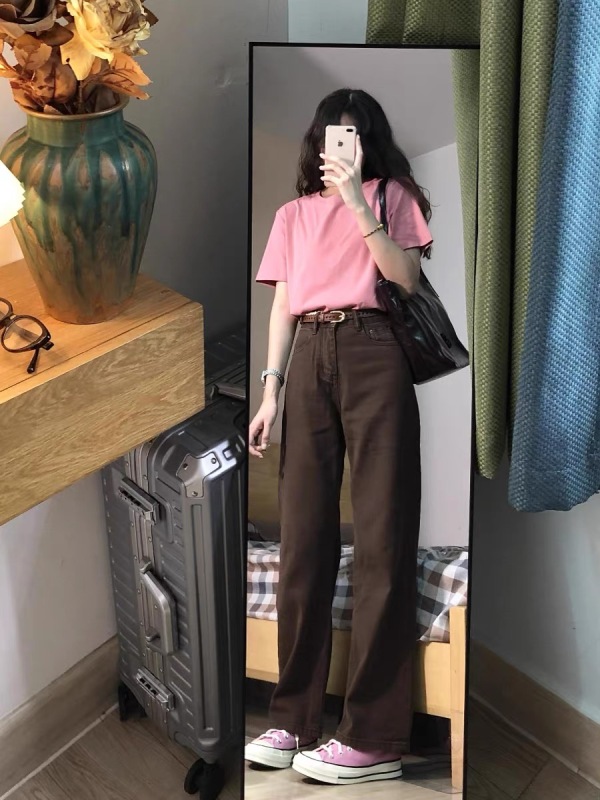 Dark brown loose straight jeans for women in autumn new American retro high-waist slim versatile narrow wide-leg pants