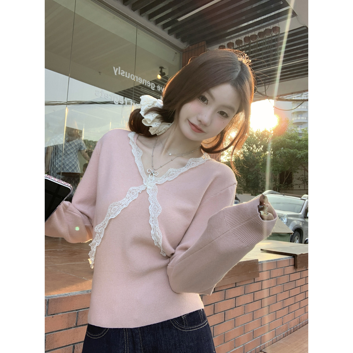實拍 秋冬韓版v領甜美蕾絲拼接設計安迪絨針織衫打底長袖毛衣