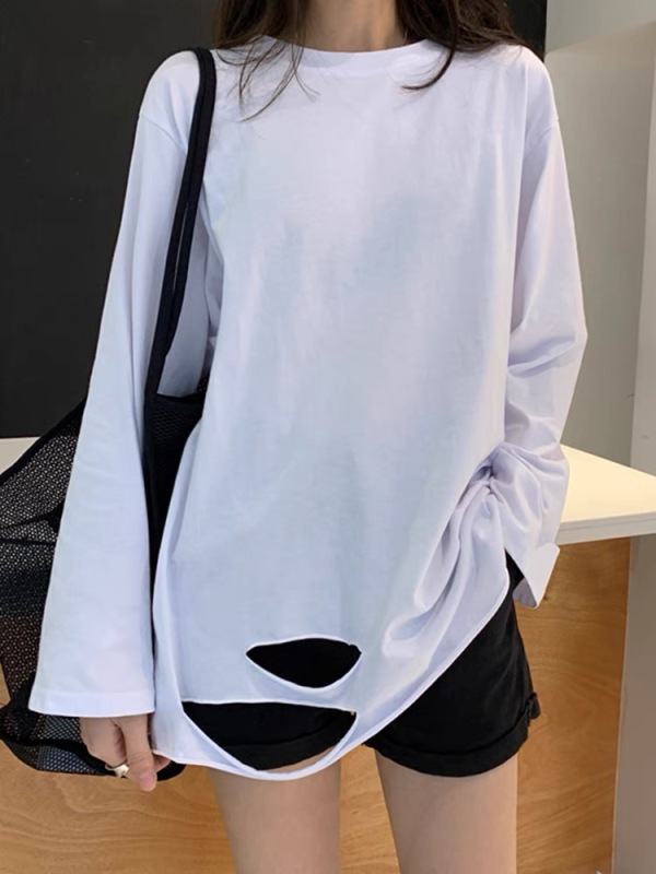 Double-sided German velvet autumn Korean style brushed T-shirt for women with long sleeves and hollow holes