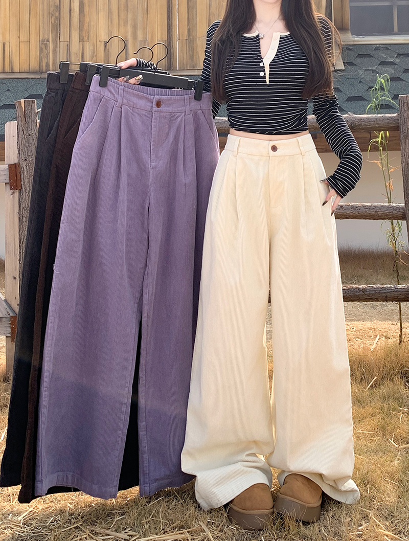 Photographed Relaxed Women's Autumn High-Waisted Retro Plain Corduroy Wide Leg Pants with a Drape Effect Floor-Length Pants