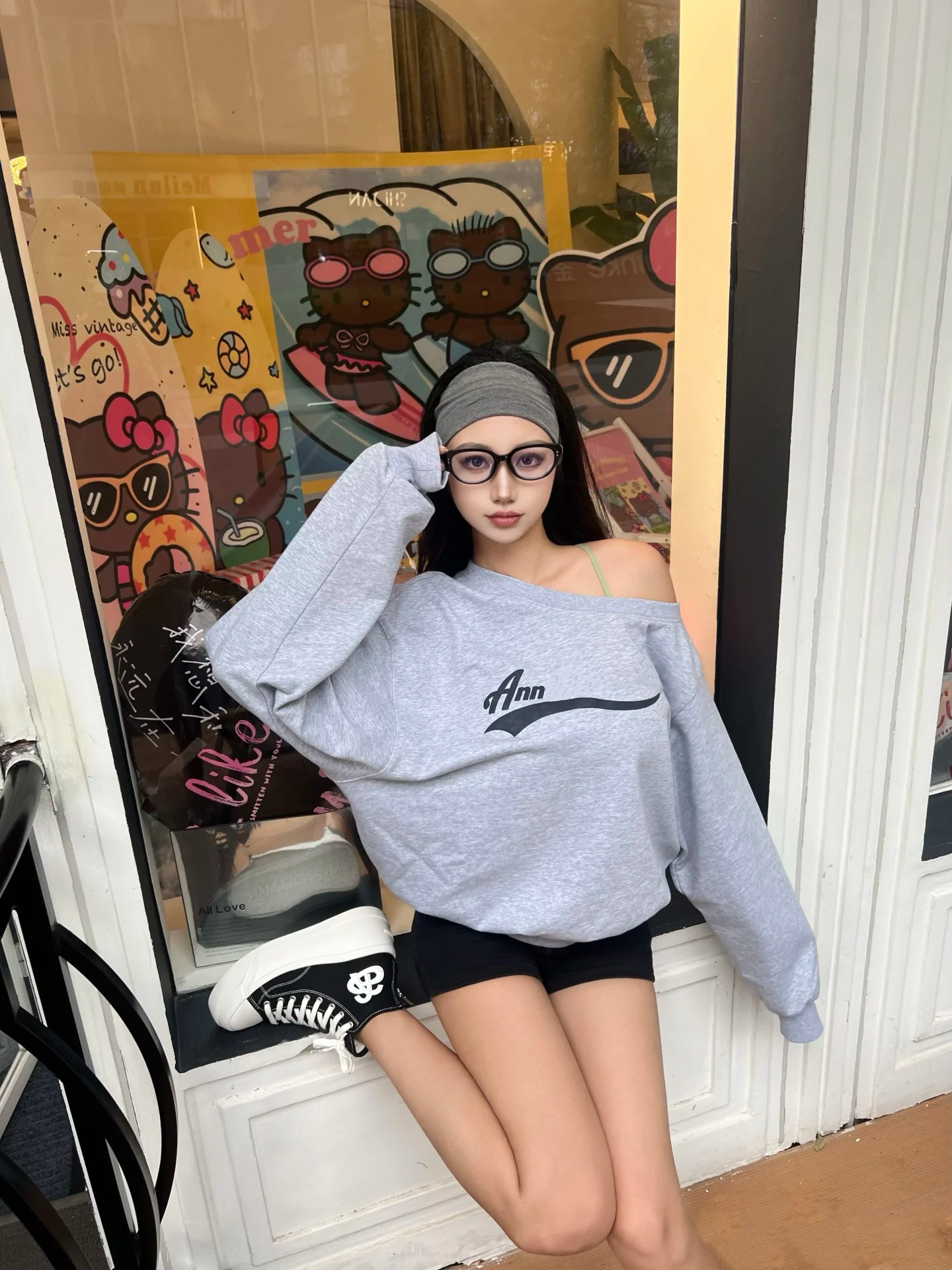Imitation cotton Chinese cotton composite milk silk 310g American retro hottie diagonal collar off-shoulder printed loose sweatshirt for women