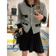 Fine wool small fragrant style knitted cardigan for women autumn new temperament gray sweater jacket
