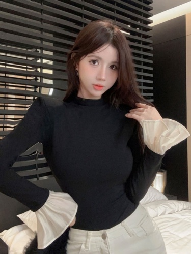 260g rayon/rayon fleece inner base layer women's long-sleeved T-shirt design bell-sleeved slim fit top