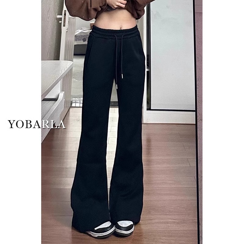 Black casual boot-cut pants for women in spring and autumn new style high-waisted elastic large size fat mm pear-shaped body slim sports pants