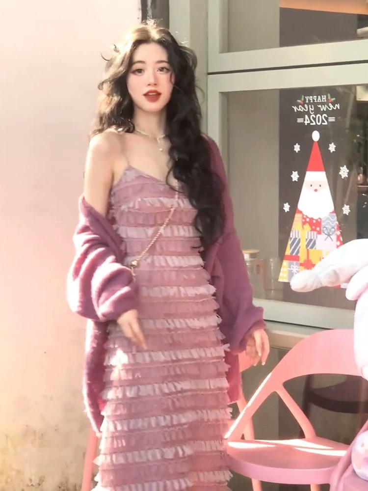 法式木耳邊吊帶蛋糕裙女外搭紫色針織開衫春秋復古港風兩件套裝裙
