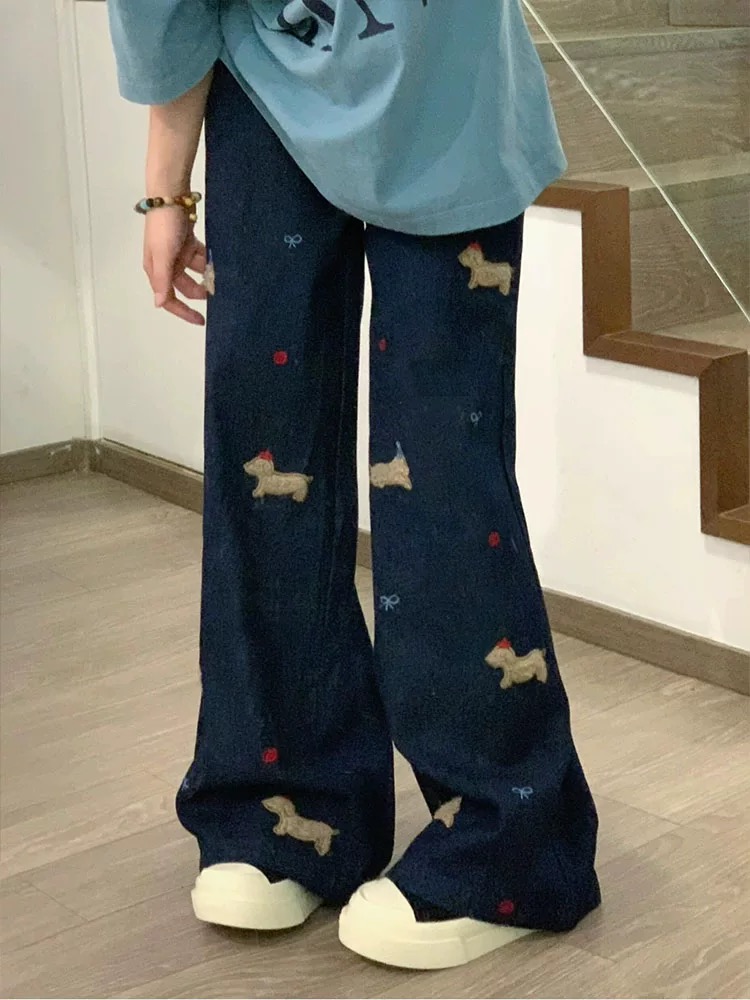 Korean Style American Retro Small Dog Patchwork Embroidered Wide Leg Jeans for Women Autumn Loose Casual Floor-Length Pants