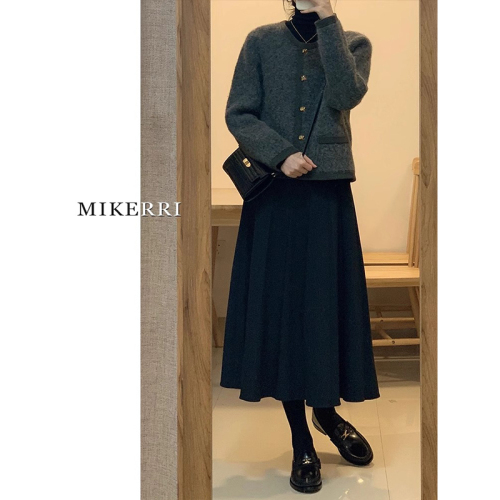 Black woolen skirt for women, spring and autumn plus size fat mm, belly-covering, slimming, mid-length a-line umbrella skirt