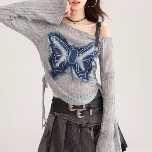 2024 new autumn style women's niche splicing denim bow short slimming off-shoulder drawstring long-sleeved T-shirt top