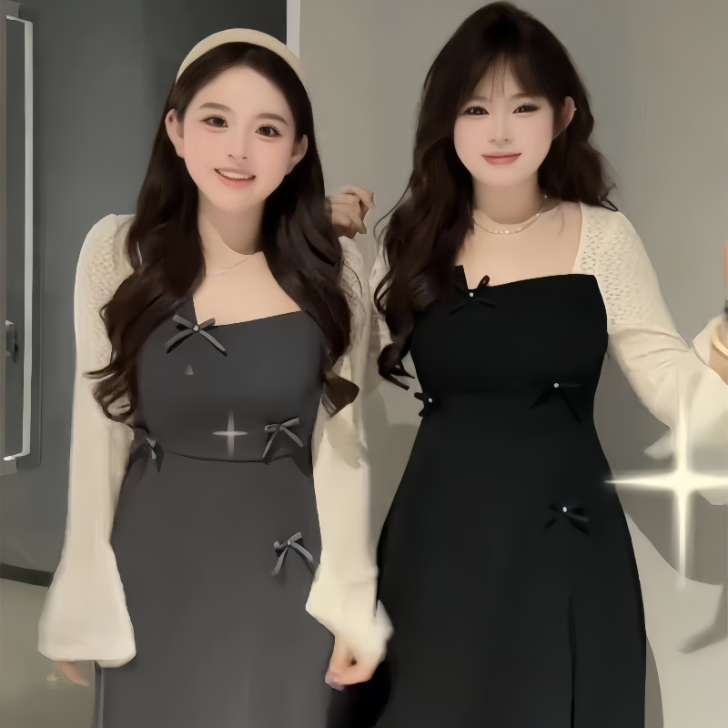 Plus size fat mm early autumn slimming color bow design square collar temperament long dress