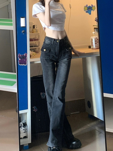 Not a real shot of American retro niche design high-waisted slimming micro-flared floor-length jeans for women