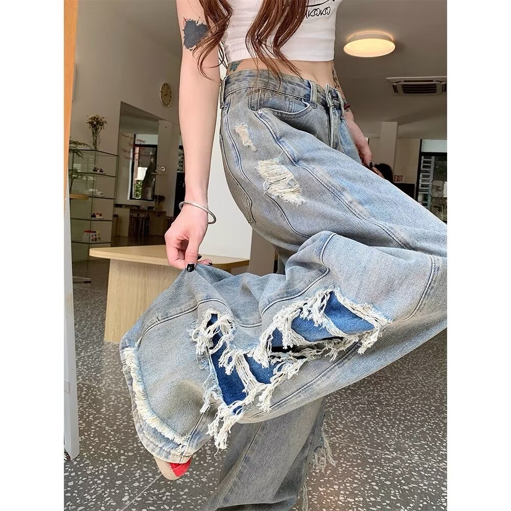 American Retro Hot Pants Women's Autumn New Design Ripped Straight Leg Loose Flowy Wide Leg Floor-Length Pants