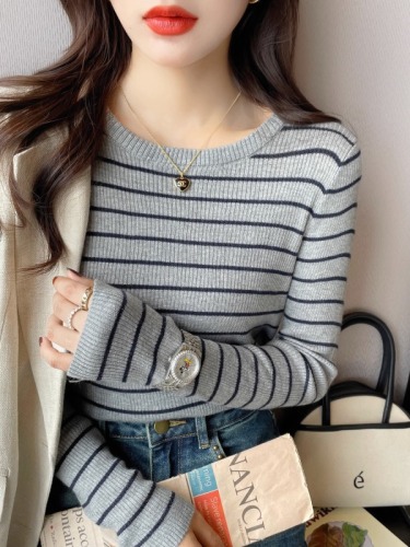 Striped sweater women's 2024 spring and autumn new fashion slim slim round neck right shoulder long sleeve bottoming shirt top