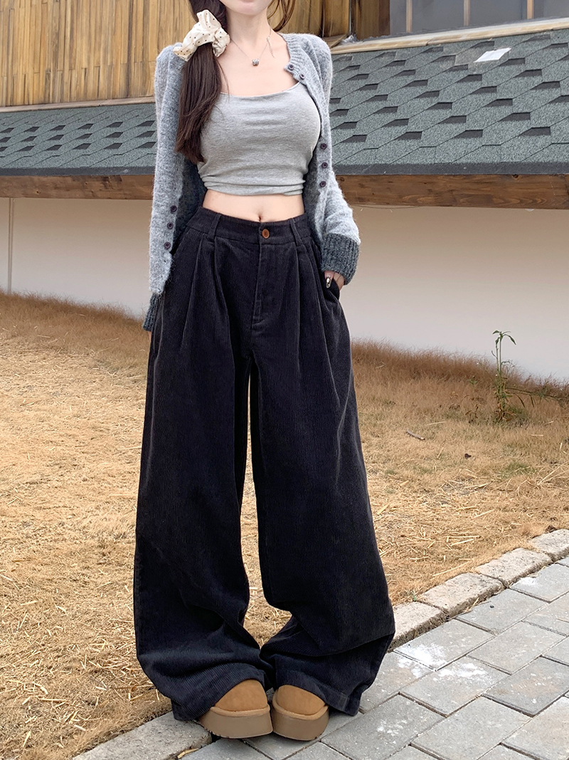 Shot lazy casual pants for women, autumn high-waisted retro single-color corduroy wide-leg pants with a drape that reaches the floor