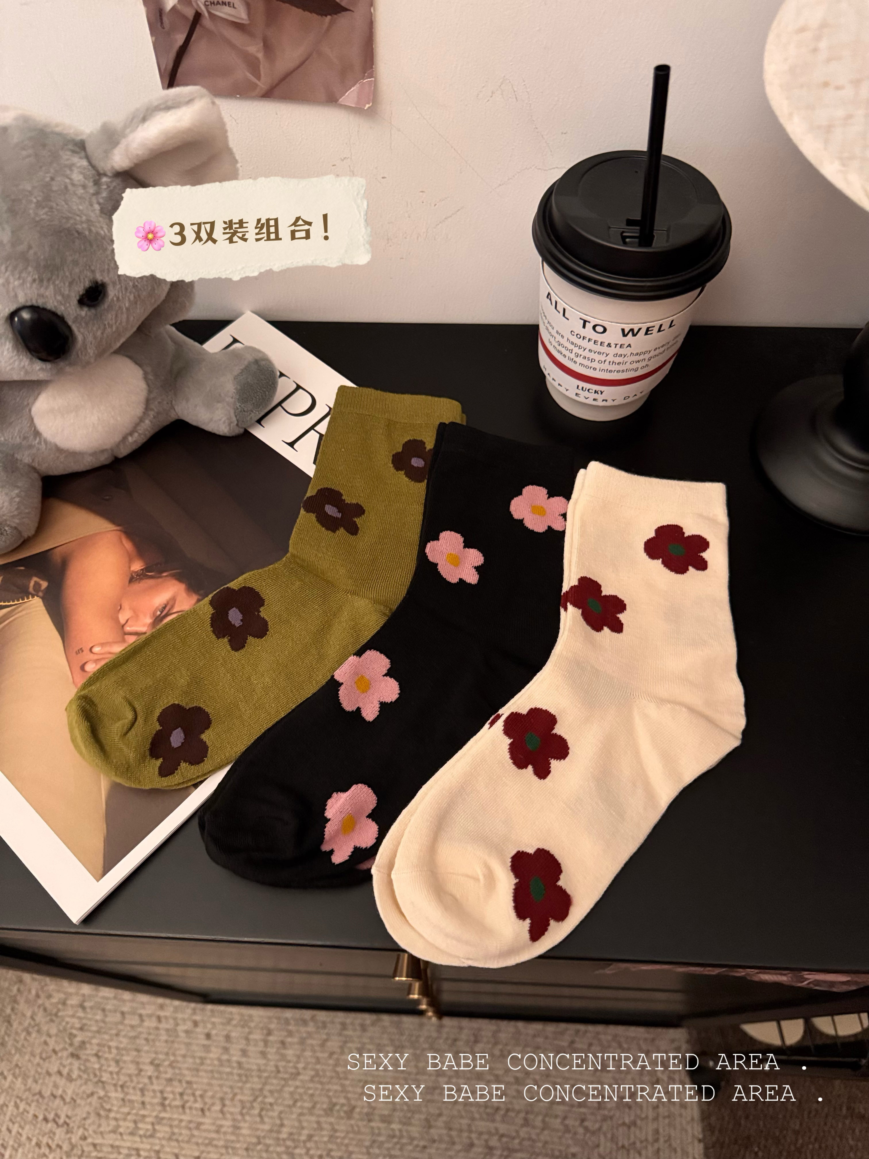 實拍韓版花朵保暖襪子女中筒襪秋冬堆堆襪長襪女襪3雙裝