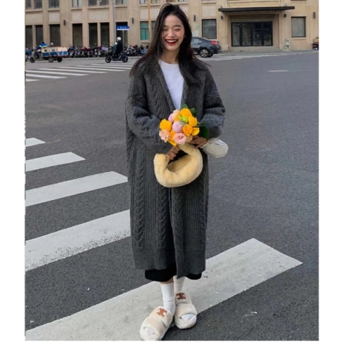 Solid color mid-length twist sweater jacket for women in autumn and winter new Korean style loose lazy style thickened knitted cardigan