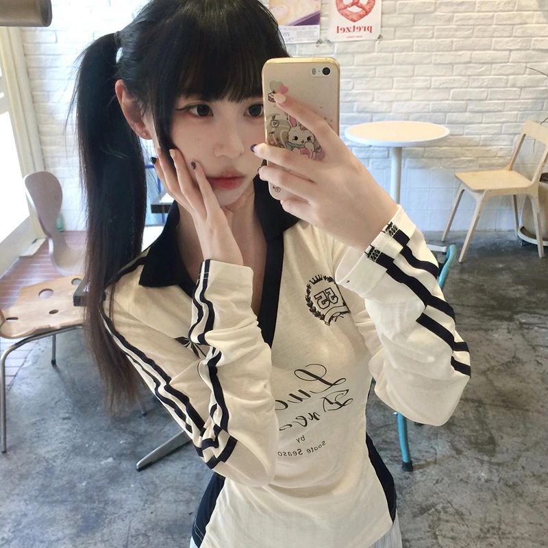 Tencel Cashmere 1*1 Color Blocking Sporty Style White V-Neck Long Sleeve Autumn New Sunscreen Air Conditioning Shirt 