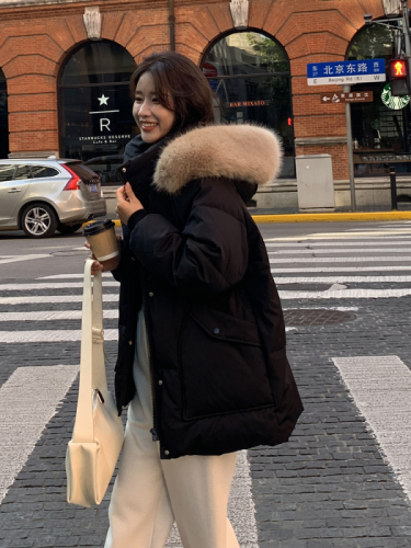 Net picture short down jacket for women 2024 winter small thickened hooded big fur collar Korean style casual loose type