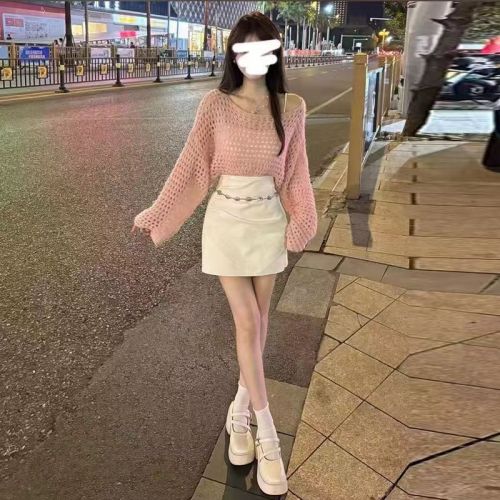 Internet celebrity's same design pink girl's hollow pullover short knitted sweater top