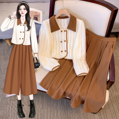 Plus size women's new autumn style fat mm Korean style temperament lace splicing skirt slimming two-piece set