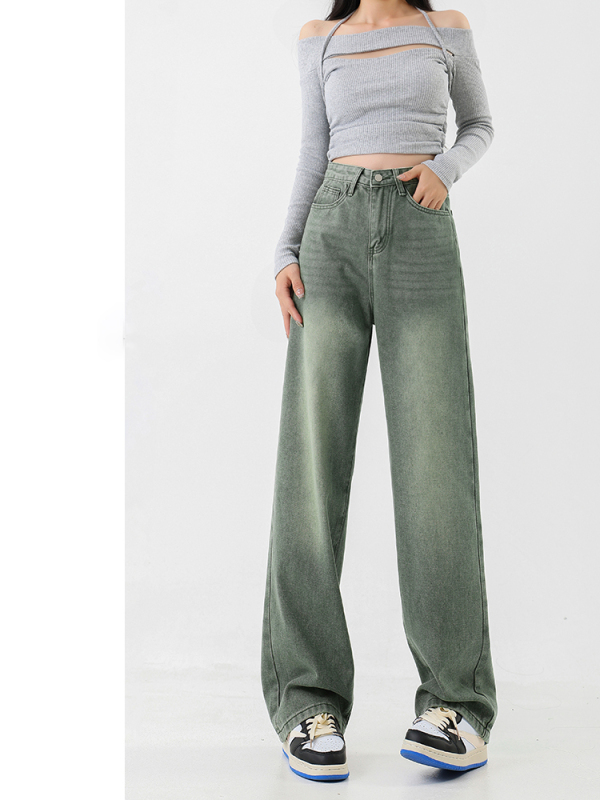 American retro green straight-leg jeans for women in autumn new high-waisted loose slimming distressed wide-leg trousers