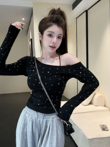 1*1 260g hot girl slant collar off-shoulder long-sleeved T-shirt niche waist slimming versatile fashionable tops cut as you like