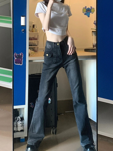 Not a real shot of American retro niche design high-waisted slimming micro-flared floor-length jeans for women