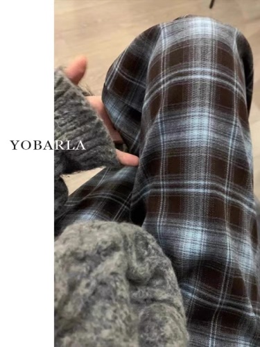 Original woven plaid straight casual pants for women high waist spring and autumn new large size fat mm slimming pear wide leg pants