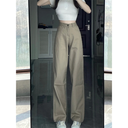 Khaki straight jeans for women spring new fat mm plus size women's pants loose slimming high waist wide leg pants