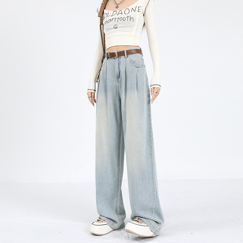Super soft denim autumn fabric wide leg pants loose slimming pleated high waist loose straight floor mopping pants