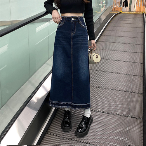 Plus size women's retro raw edge denim skirt women's mid-length pear-shaped wear high waist large size a-line skirt