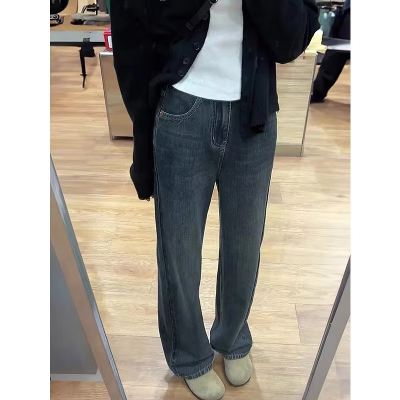 Straight-leg wide-leg jeans for women in autumn washed and distressed high-waisted American retro simple high-end mopping pants