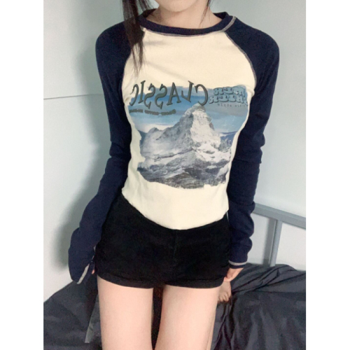 Contrast color splicing raglan long-sleeved T-shirt for hot girls slimming short top