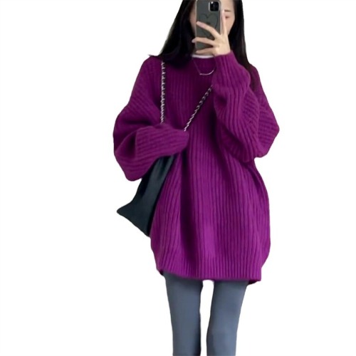 Korean dragon fruit color sweater for women, loose, mid-length, soft and waxy, lazy style, new spring and autumn pullover, thickened top