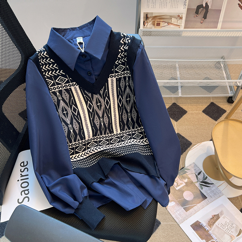 Spring and Autumn New Style Large Size Fat Girl Loose Age-reducing Belly Covering Fashionable Versatile Trendy Fake Two Pieces