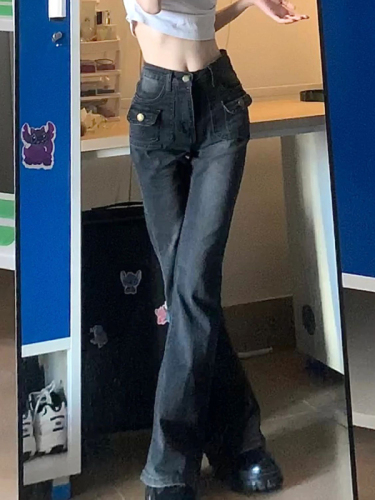 Not a real shot of American retro niche design high-waisted slimming micro-flared floor-length jeans for women