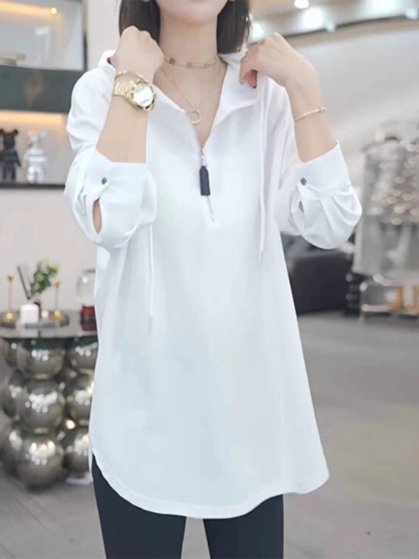 Solid color half-zip hooded sweatshirt for women autumn new large size fat mm popular mid-length loose long-sleeved top