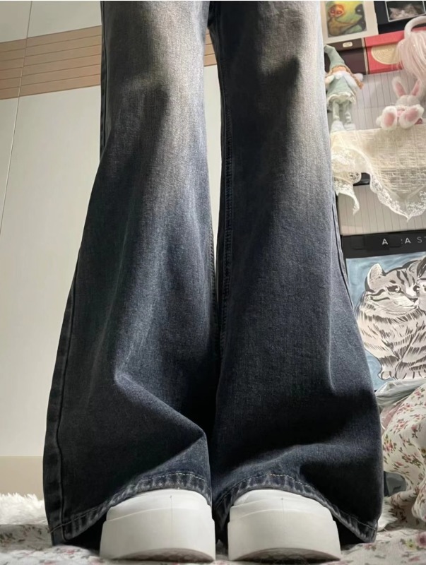 Retro blue bootcut jeans women's autumn new loose high waisted slim straight floor mopping pants