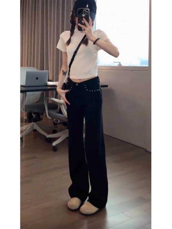 Black straight jeans for women, plus size, slightly flared, spring and autumn design, slimming, wide legs, fat mm, pear-shaped body pants