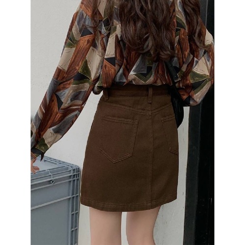 FYQ-Large size American denim short skirt for women high-waisted summer a-line pear-shaped figure covering the flesh and showing slimming buttocks-covering skirt