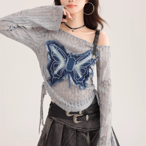 2024 new autumn style women's niche splicing denim bow short slimming off-shoulder drawstring long-sleeved T-shirt top