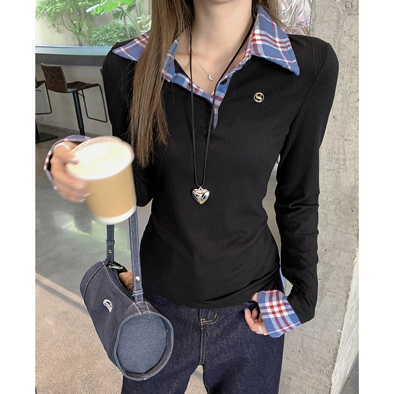 Real shot fake two-piece plaid spliced collar long-sleeved knitted sweater women's autumn slimming slimming elegant top 
