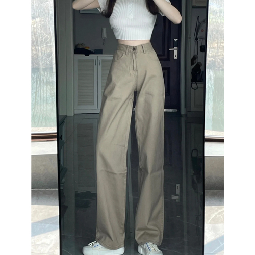 Khaki straight jeans for women spring new fat mm plus size women's pants loose slimming high waist wide leg pants