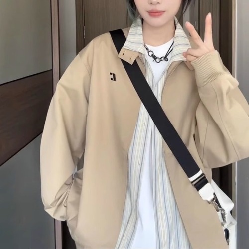 Early autumn jacket women's spring and autumn new Korean style small American workwear stand collar khaki baseball uniform top