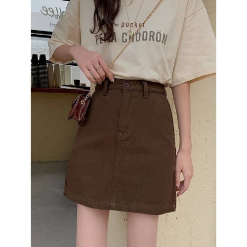 FYQ-Large size American denim short skirt for women high-waisted summer a-line pear-shaped figure covering the flesh and showing slimming buttocks-covering skirt