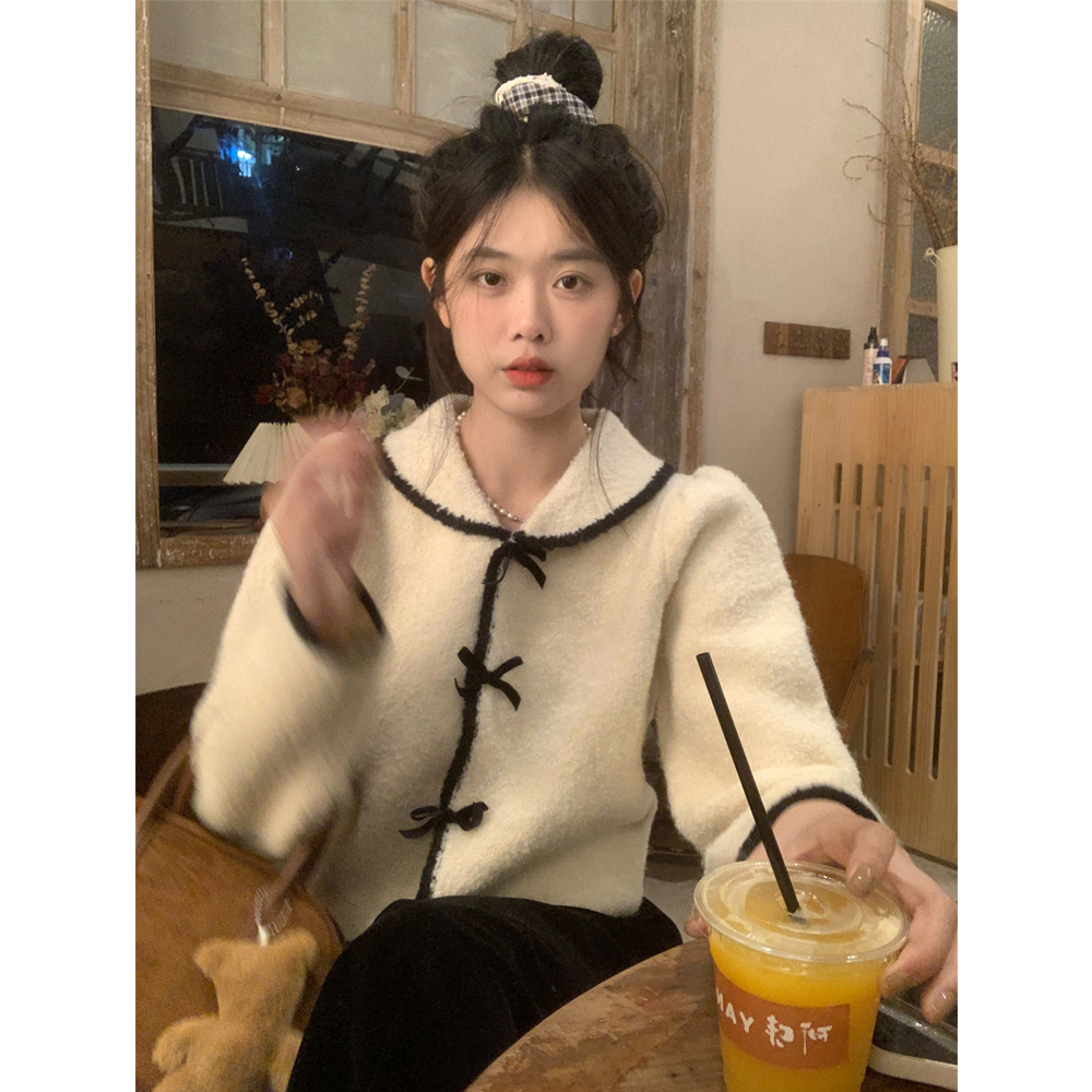 實拍韓版蝴蝶結系扣翻領短款針織開衫毛衣外套女黑色絲絨半身裙