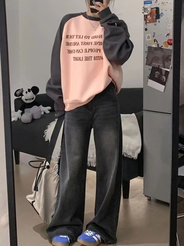 Autumn New High Street Retro Washed Black Straight Jeans Women's High Waist Loose Slim Drape Wide Leg Pants