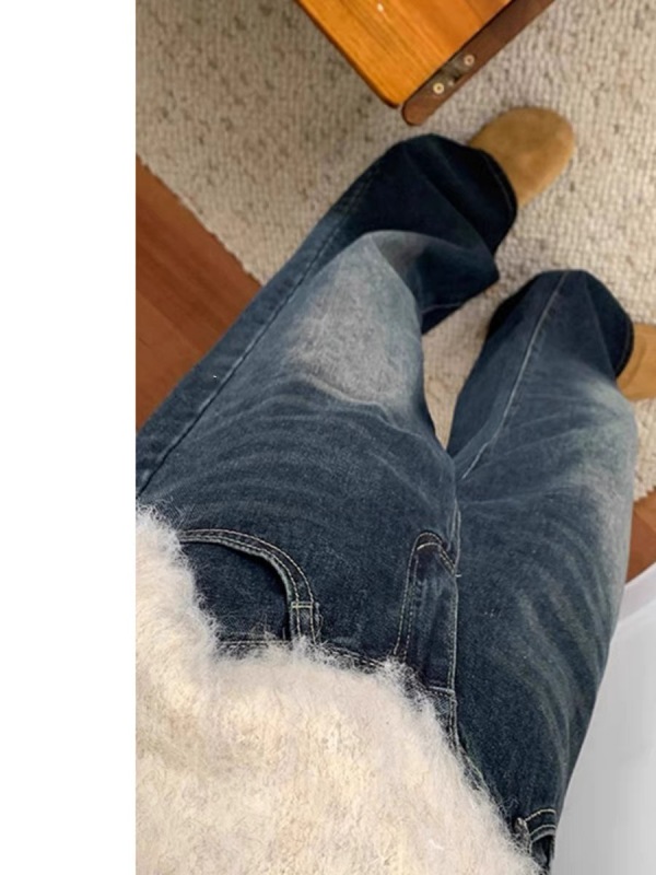 Retro blue-gray wide-leg jeans for women in autumn and winter new high-waisted loose slimming straight-leg floor-length pants trendy