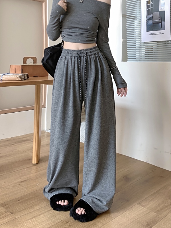 Brushed Knitted Wide Leg Pants New High Waist Walking Pants Draping Lazy Style Floor-Mopping Casual Pants for Women
